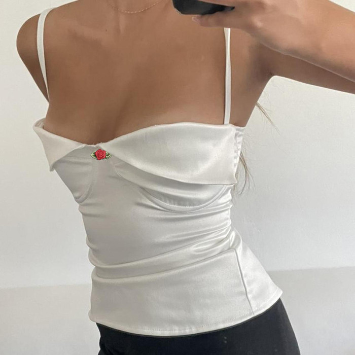 Women Slim Turndown Collar satin Tank Top