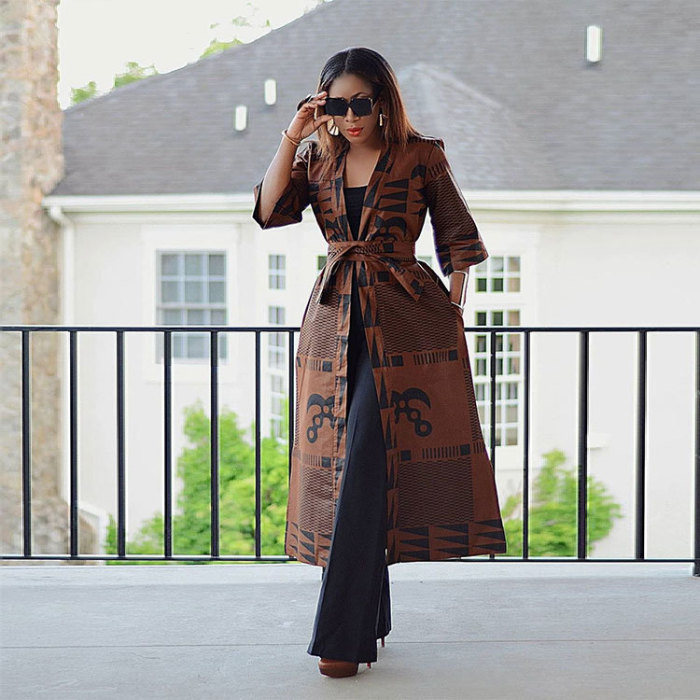 Women'S Digital Positioning Print Brown Long Fashion Trench Coat