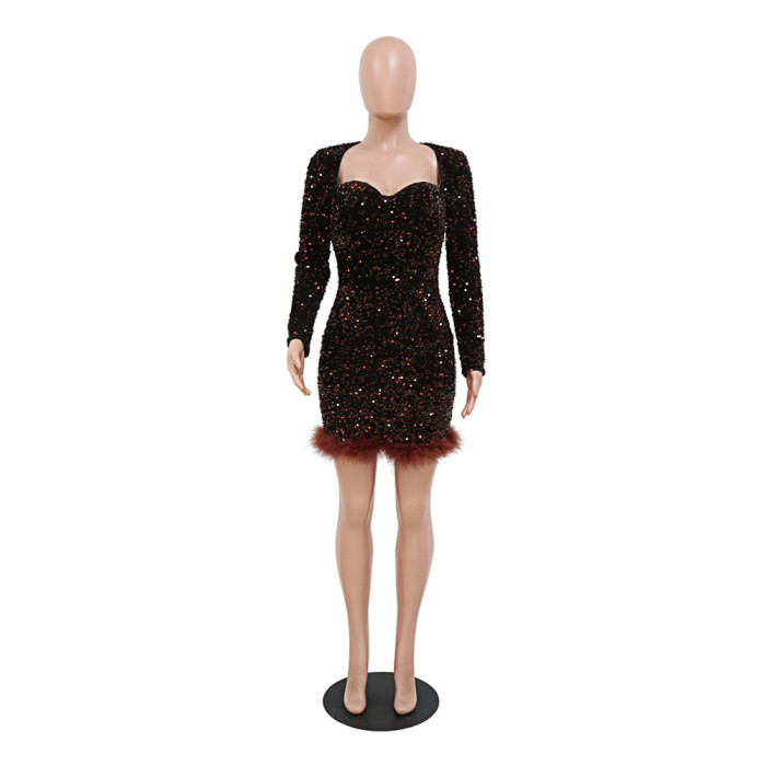 Women's Sexy See-Through Beaded Dress Long Sleeve Feather Jumpsuit