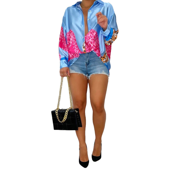 Womens Colorblock Leopard Print Button-Up Shirt Dress