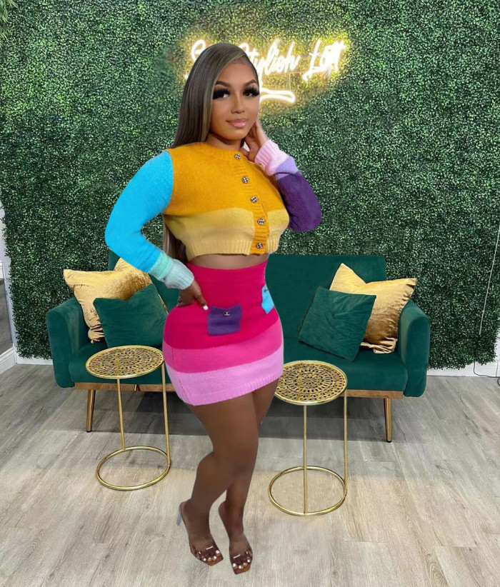 Women Casual Knitting Contrast Top and mini Skirt Two Piece