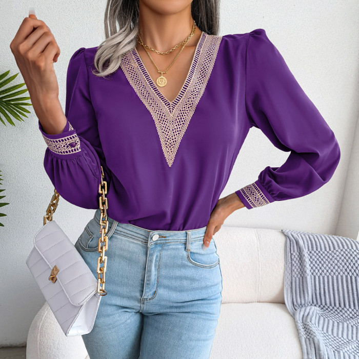 Women Lace V-Neck Long Sleeve Shirt