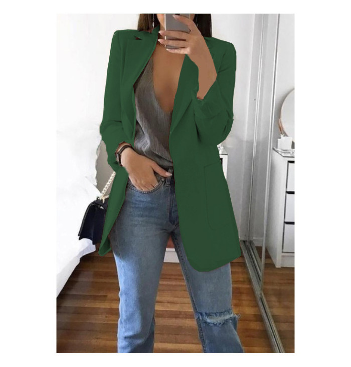 Fall Winter Solid Color Turndown Collar Slim Cardigan Chic Blazer