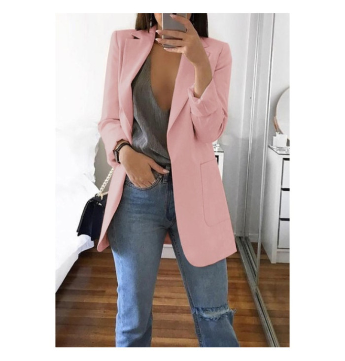 Fall Winter Solid Color Turndown Collar Slim Cardigan Chic Blazer