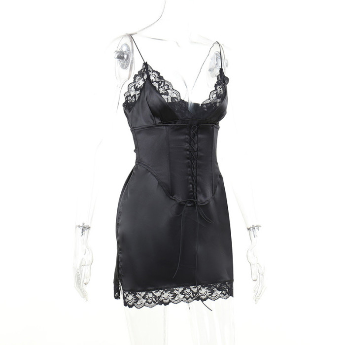 Women Sexy Slim Lace-Up Slit Lace Dress