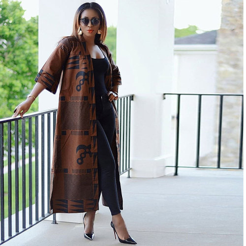 Women'S Digital Positioning Print Brown Long Fashion Trench Coat
