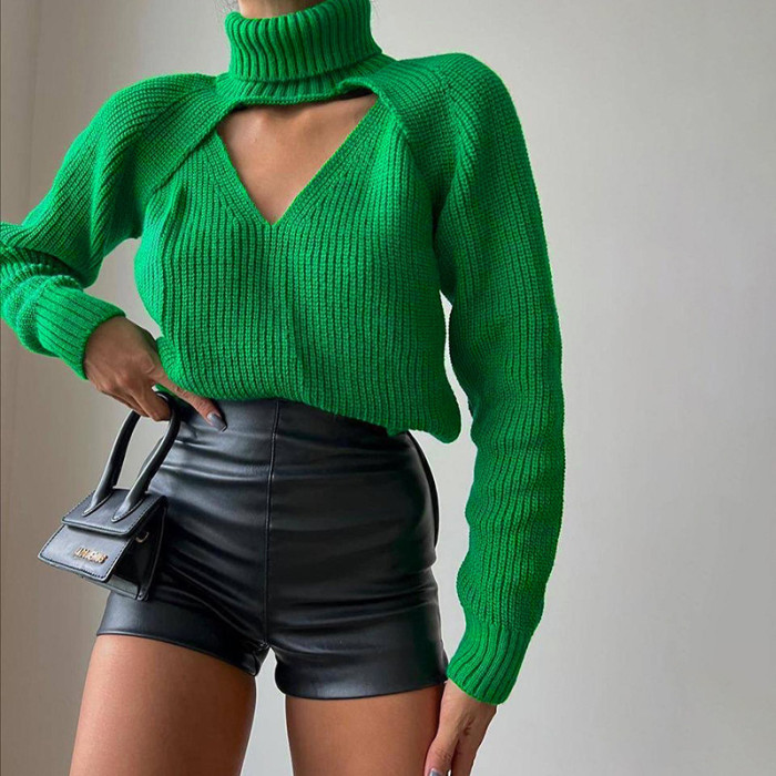 Women Casual Cutout Sweater Solid Turtleneck Two-Piece Set