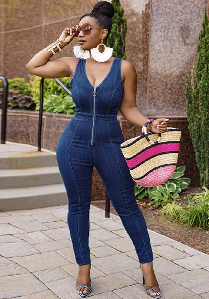Women'S High Stretch Zippered Suspenders Casual Denim Jumpsuit