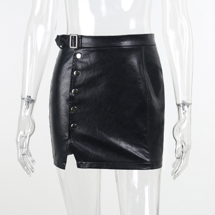 Women Sexy Crinkled PU-Leather Skirt
