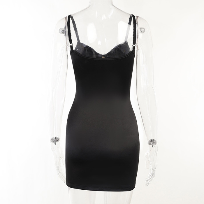 Women Casual Lace Patchwork Plunging Lace-Up Bodycon Dress