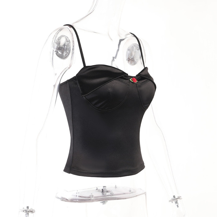 Women Slim Turndown Collar satin Tank Top