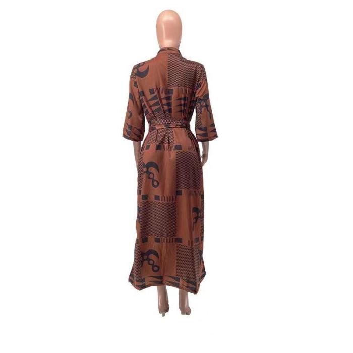 Women'S Digital Positioning Print Brown Long Fashion Trench Coat