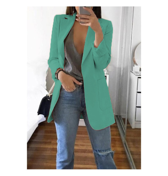 Fall Winter Solid Color Turndown Collar Slim Cardigan Chic Blazer