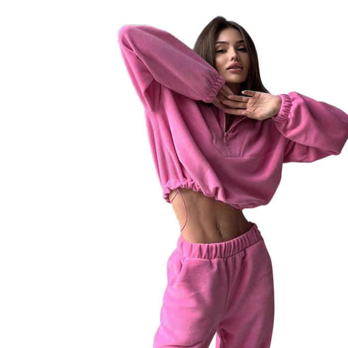 Women Solid Zip Turndown Collar Bungee Cord Long Sleeve Top