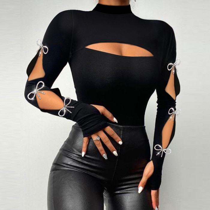 Women's Fashion Off Shoulder Beaded Long Sleeve Top