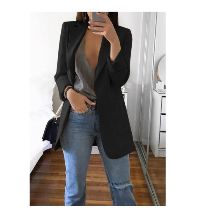 Fall Winter Solid Color Turndown Collar Slim Cardigan Chic Blazer