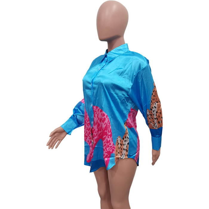 Womens Colorblock Leopard Print Button-Up Shirt Dress