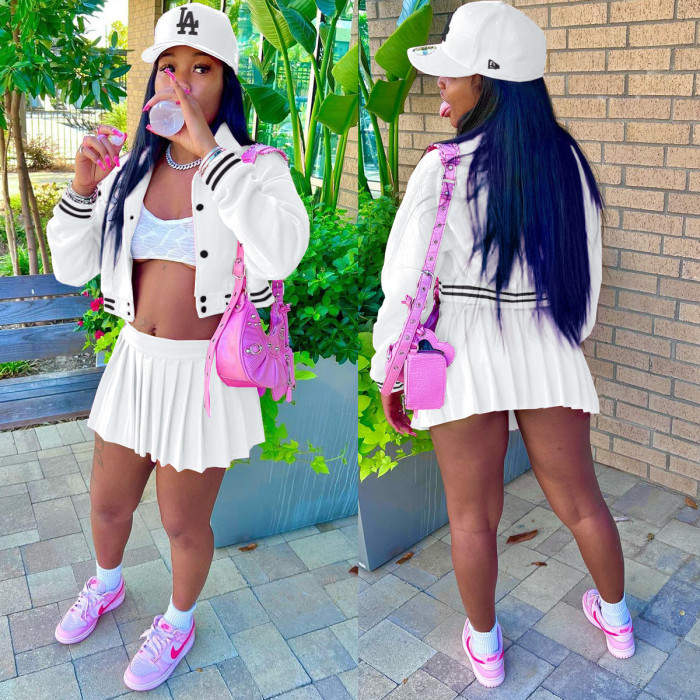 Women Two-Piece Button-Up Embroidered Baseball Jacket and Pleated Skirt Two Piece