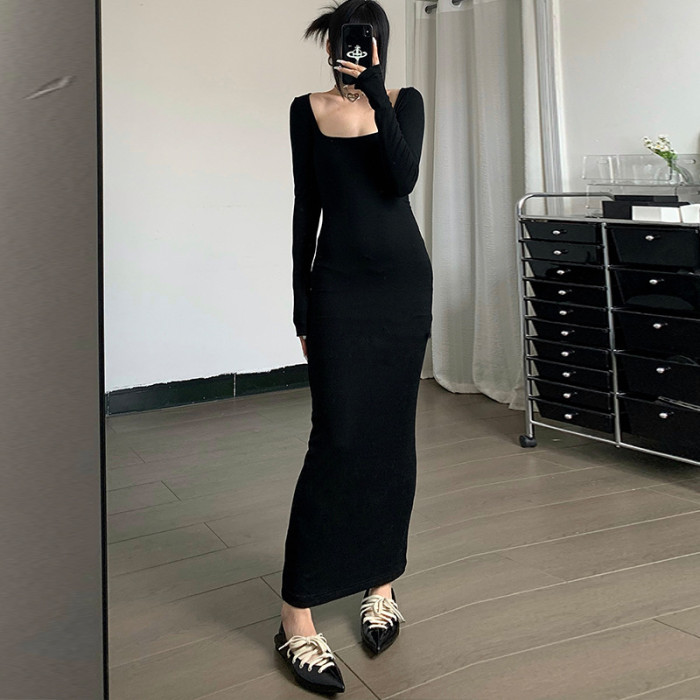 Women's Casual Chic Square Neck Long Sleeve Slim Fit Maxi Dress