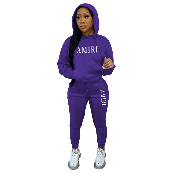 Womens Casual Fleece Print Hoodies and Pant Two Piece