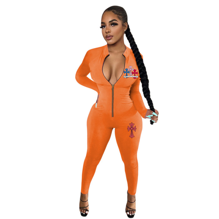 Women Sexy Slim Zip Print Long Sleeve Jumpsuit