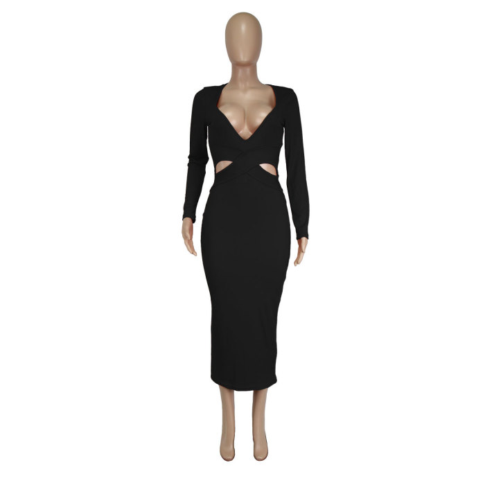 Autumn And Winter Ribbed Deep V-Neck Sexy Hollow Slim Dress