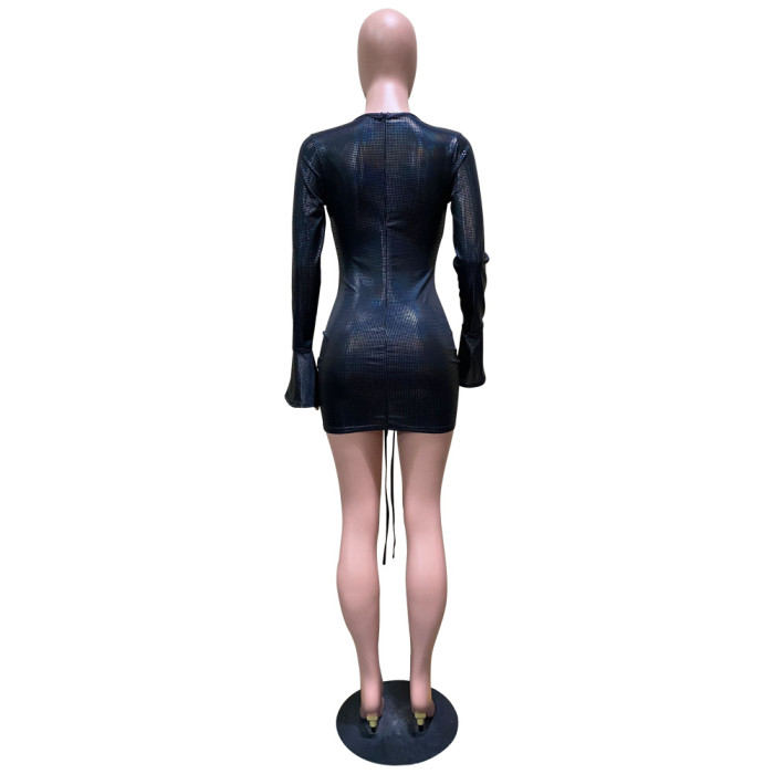 Women's Fall Winter Sexy Low Cut Bell Bottom Sleeve Drawstring Lace-Up Dress