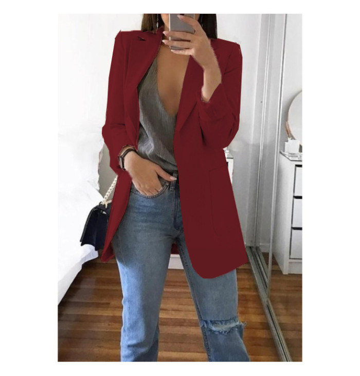 Fall Winter Solid Color Turndown Collar Slim Cardigan Chic Blazer
