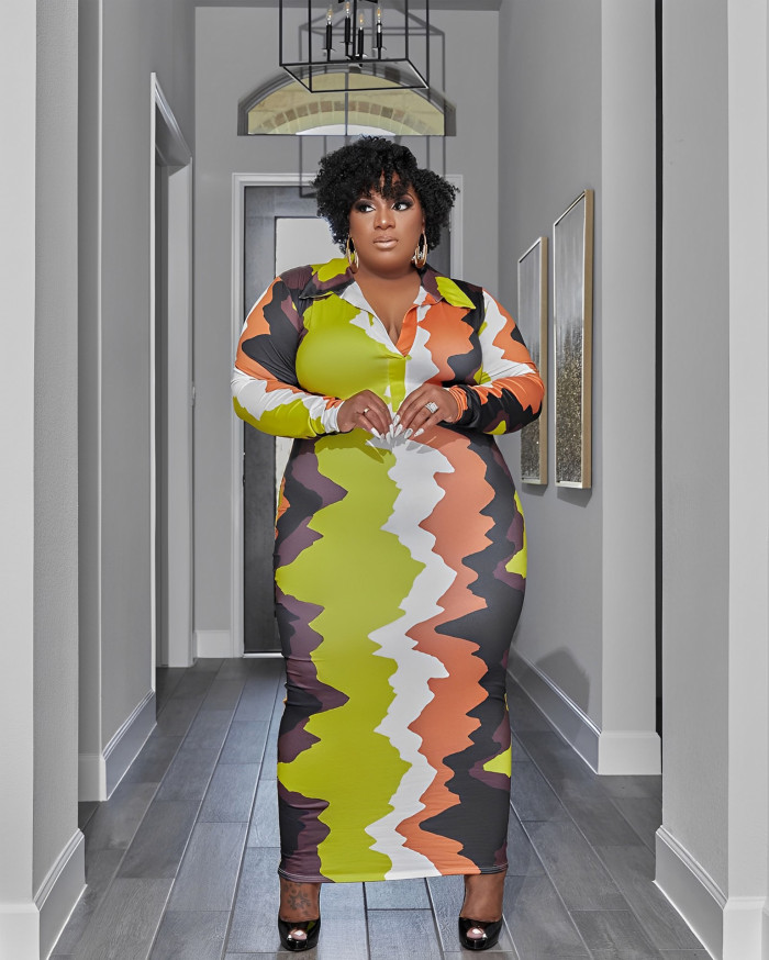 Autumn Street Trendy Women's Knitting Shirt Collar Bodycon Plus Size Dress