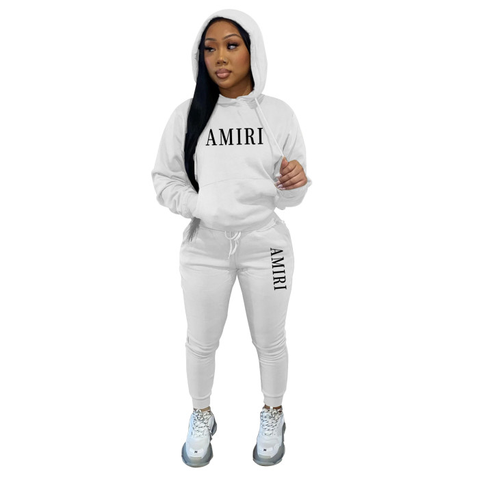 Womens Casual Fleece Print Hoodies and Pant Two Piece