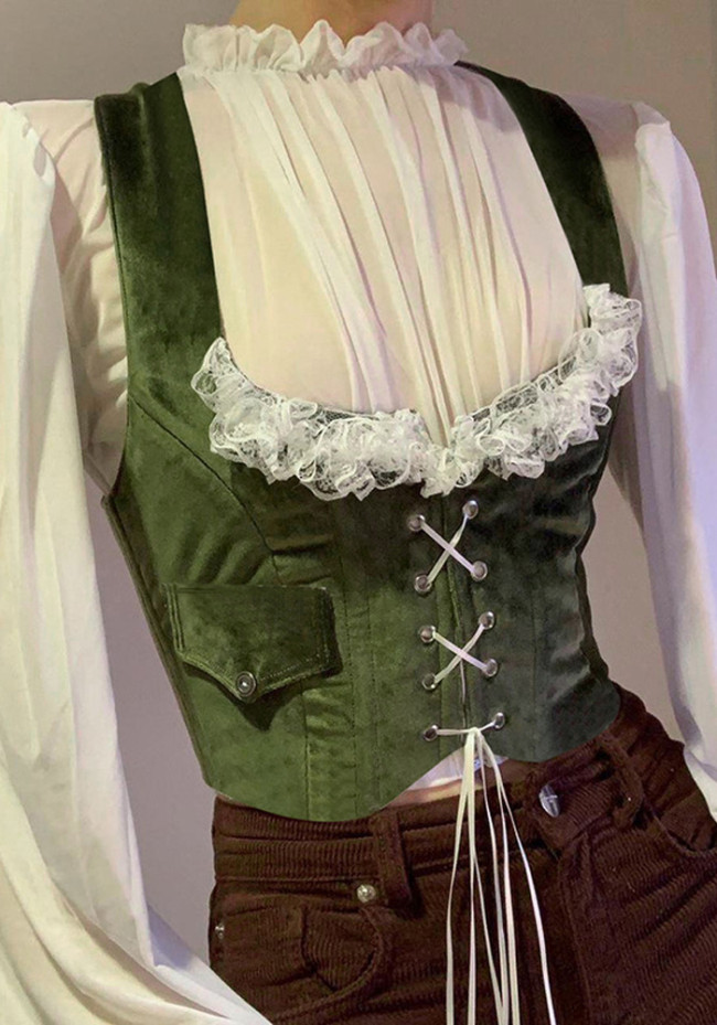 Women Fall Lace Vest Lace-Up Corset Top