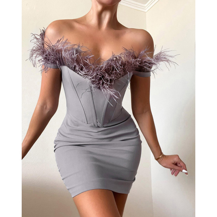Women Fall Fur Off Shoulder Bodycon Dress