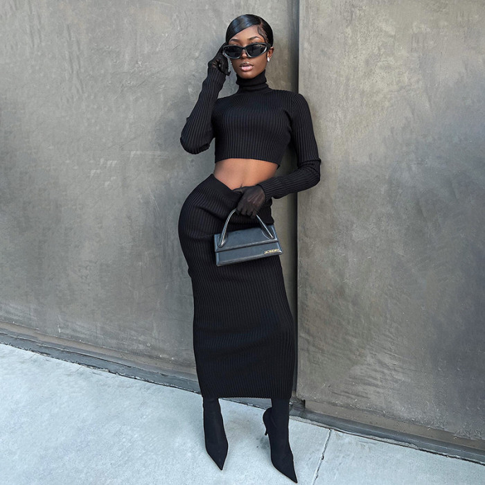 Women's Fall Sexy Crop Long Sleeve Bodycon Two-Piece Suit