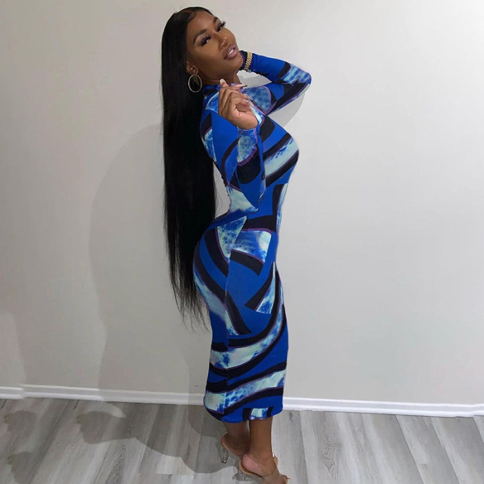 Women Color Block Print Round Neck Long Sleeve Maxi Dress