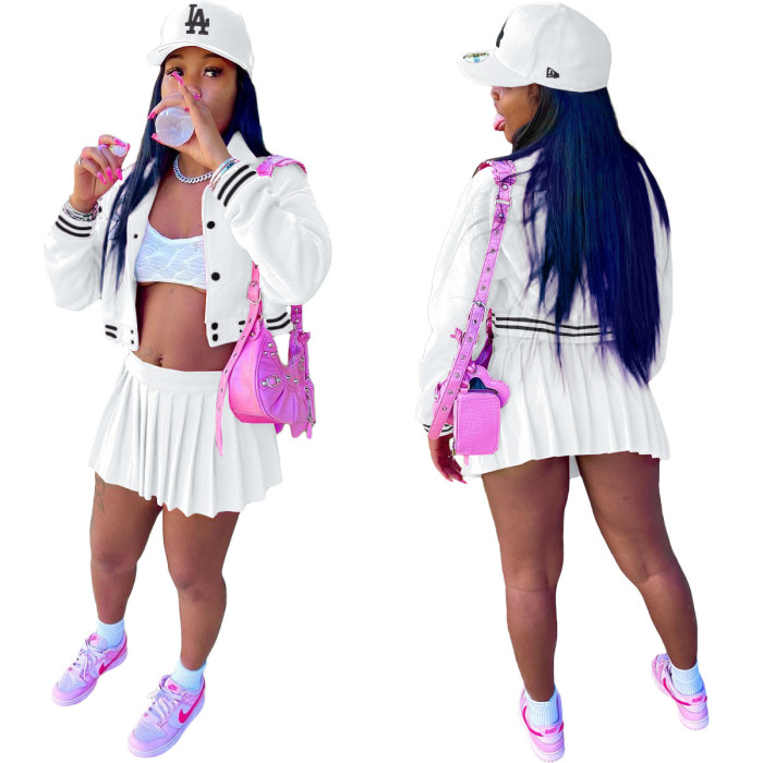Women Two-Piece Button-Up Embroidered Baseball Jacket and Pleated Skirt Two Piece