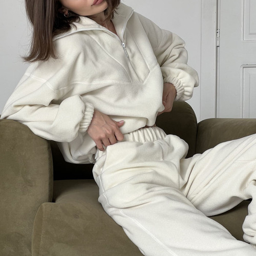 Women Solid Zip Turndown Collar Bungee Cord Long Sleeve Top