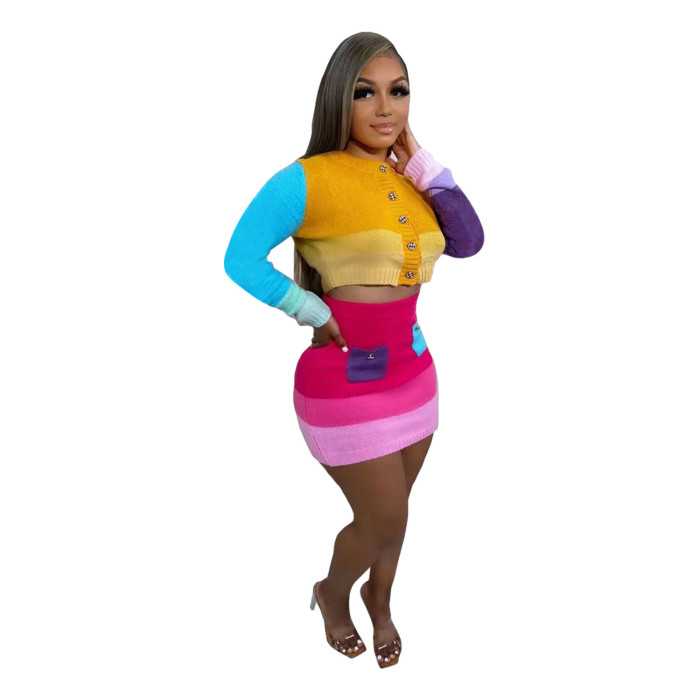 Women Casual Knitting Contrast Top and mini Skirt Two Piece