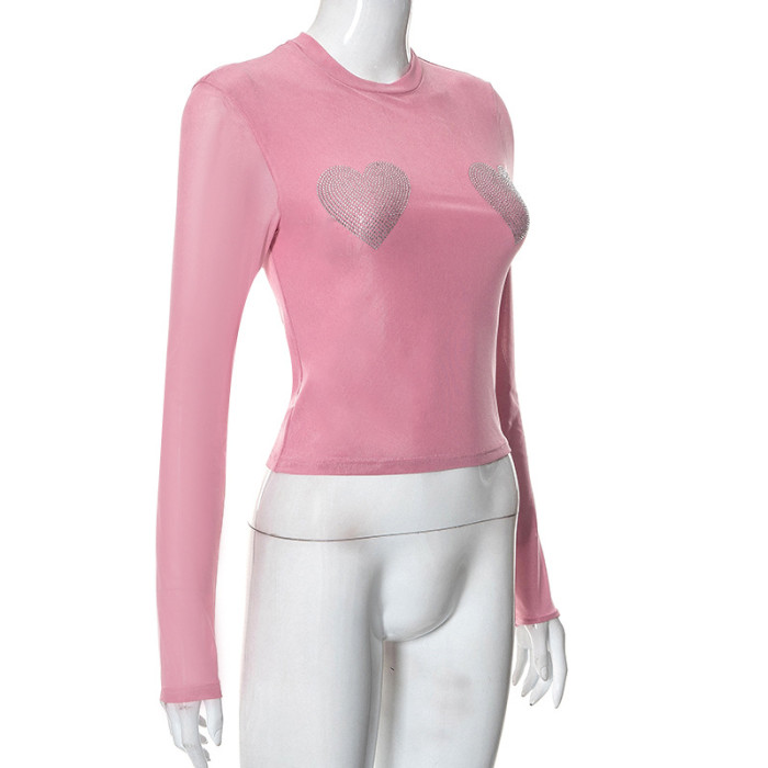 Women Fall Round Neck Long Sleeve Mesh Heart Print Beaded Top