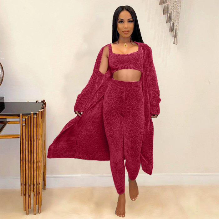 Women Casual Fleece Coat crop top and pant 3 Piece set