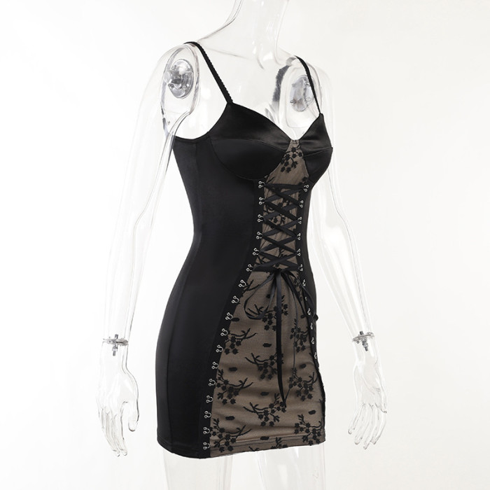 Women Casual Lace Patchwork Plunging Lace-Up Bodycon Dress