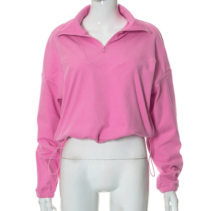 Women Solid Zip Turndown Collar Bungee Cord Long Sleeve Top