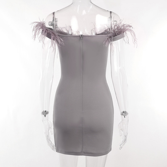 Women Fall Fur Off Shoulder Bodycon Dress
