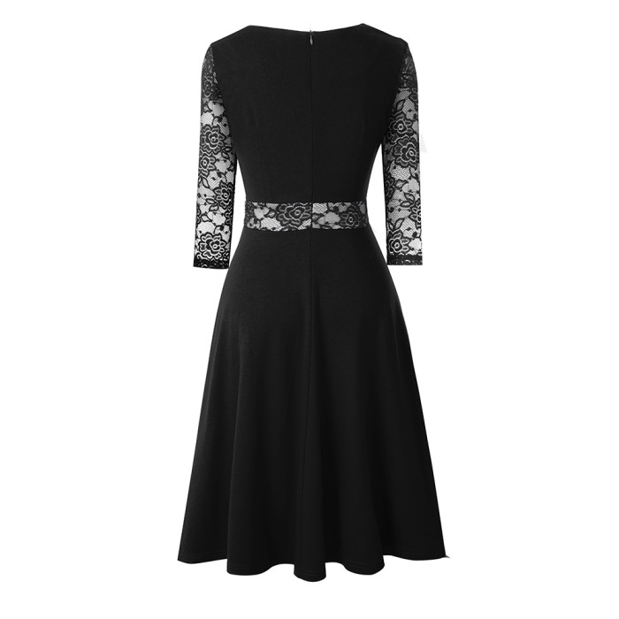 Women Patchwork Lace Long Sleeve Dress