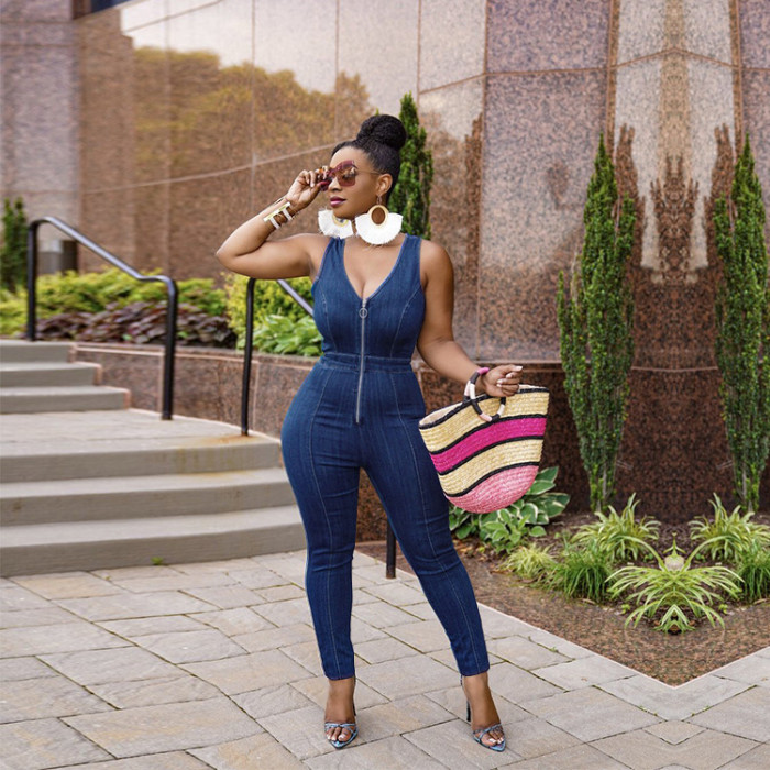 Women'S High Stretch Zippered Suspenders Casual Denim Jumpsuit