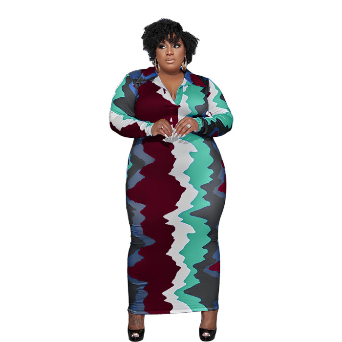 Autumn Street Trendy Women's Knitting Shirt Collar Bodycon Plus Size Dress