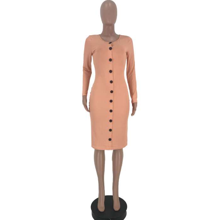 Women's Sexy Solid Color Ribbed Button Dress