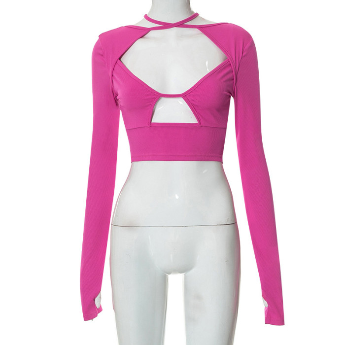 Women Fall Solid Color Long Sleeve Cutout Crop Top