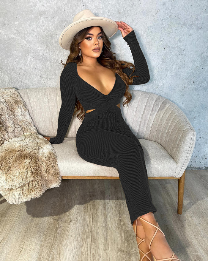 Autumn And Winter Ribbed Deep V-Neck Sexy Hollow Slim Dress