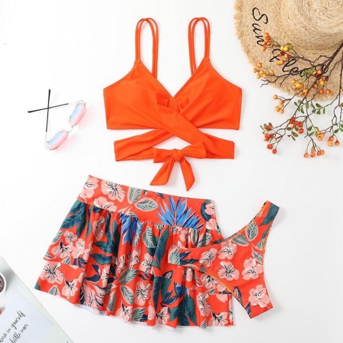 Women Three-Piece Skirt Swimsuit Cross Lace Printing Short Skirt Swimwear