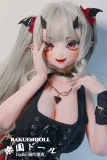 real doll 銀髪アニメドール 斜めアングル ピンクアイ 黒いツノ エルフ耳 美少女ドール